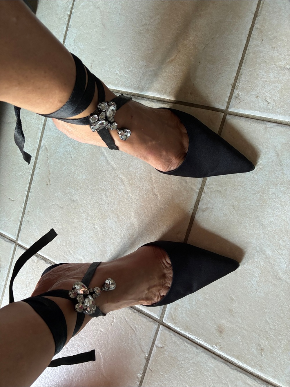 Nine West Black Satin Pointed Toe Wrap Heels with Crystal Cluster